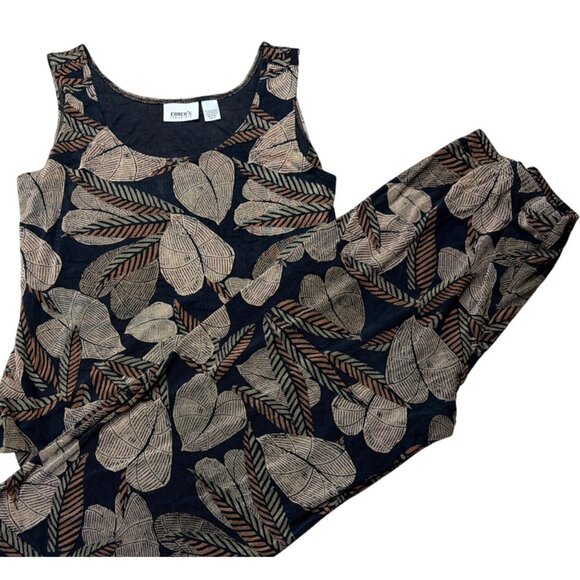 Vintage Chicos Leaf Print Sleeveless Tank 2 piece Top & Pants Set Size L - Picture 2 of 12